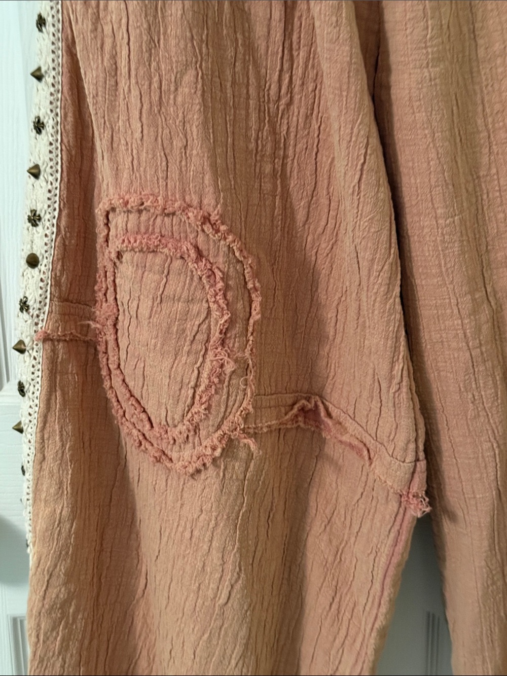 POL Boho Textured Drawstring Pants in Dusty Rose with Crochet Trim. - Picture 6 of 6
